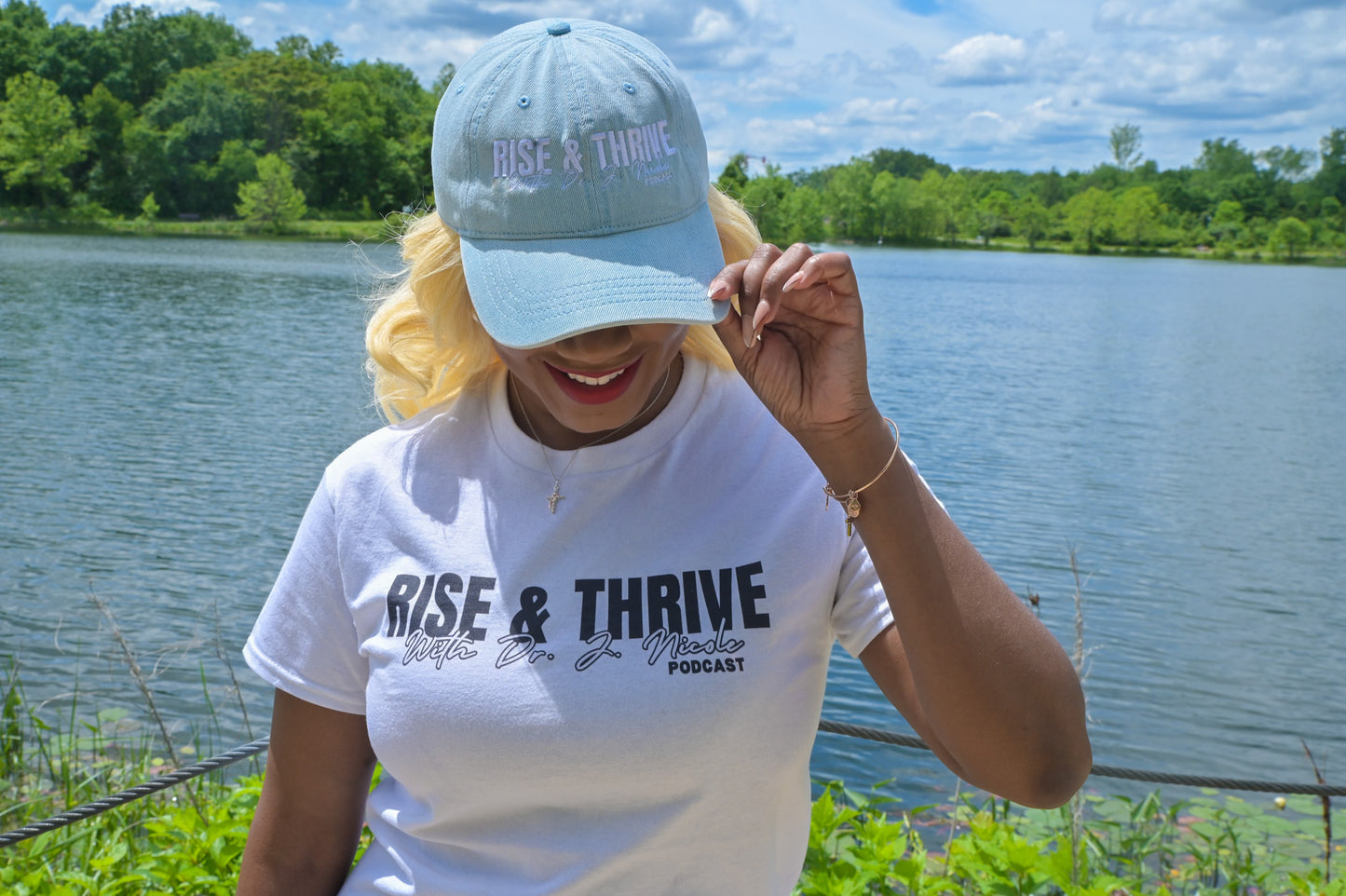 Rise & Thrive Denim Hat - Embroidered Podcast Cap for Inspirational Living