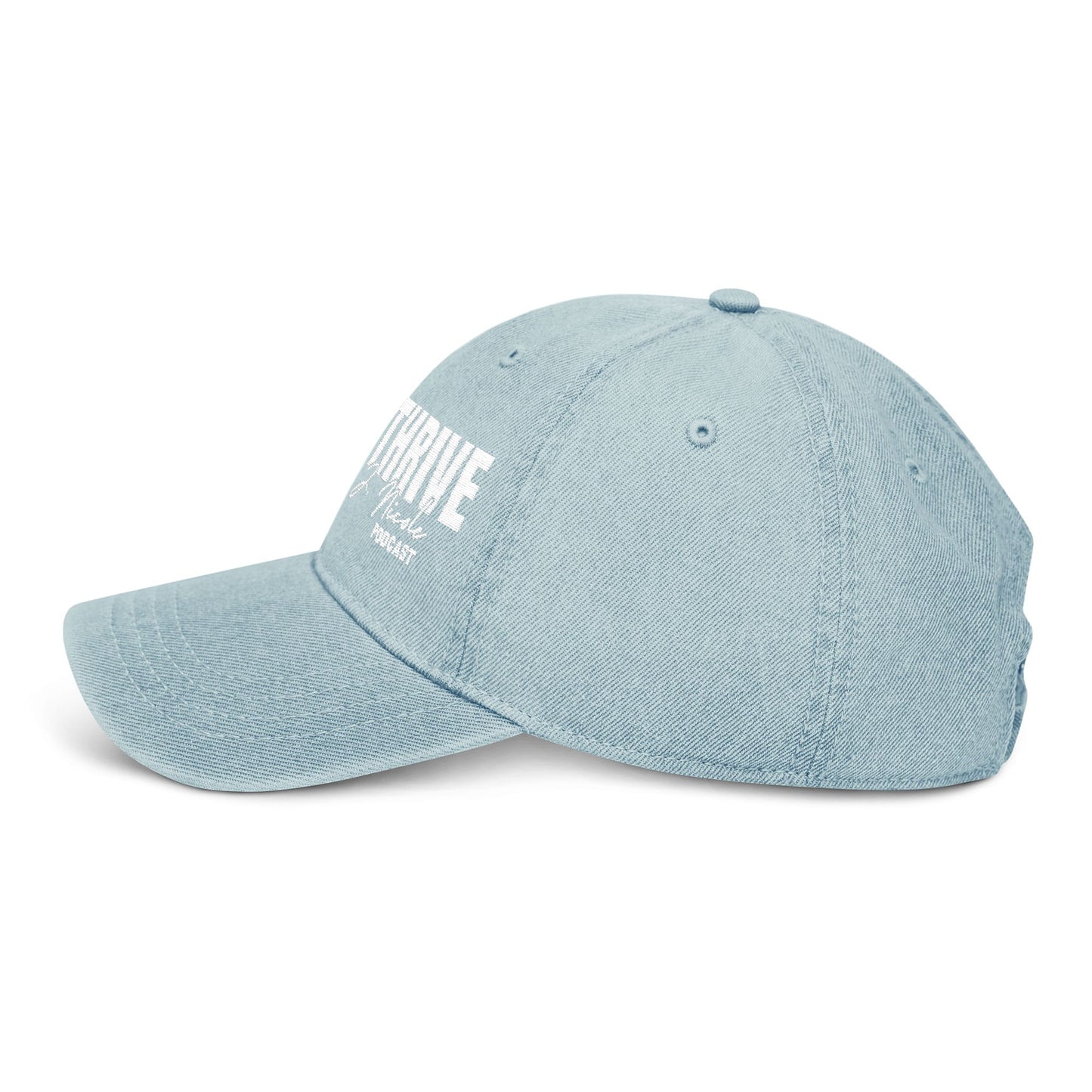 Rise & Thrive Denim Hat - Embroidered Podcast Cap for Inspirational Living